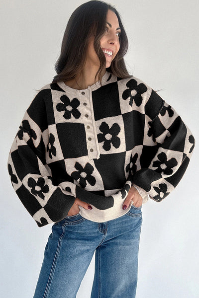 Women's Floral Checkerboard Henley Sweater in Soft Viscose Blend