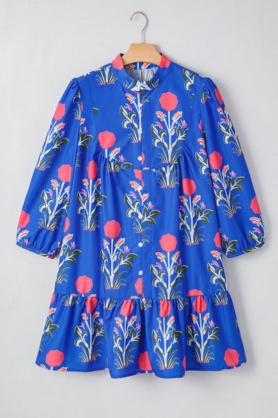 Women's Blue Floral Ruffle Hem Dress with Button Detail & 3/4 Puff Sleeves - Perfect for Spring & Summer Events