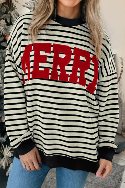 Women's Merry Striped Holiday Sweatshirt - Relaxed Graphic Pullover