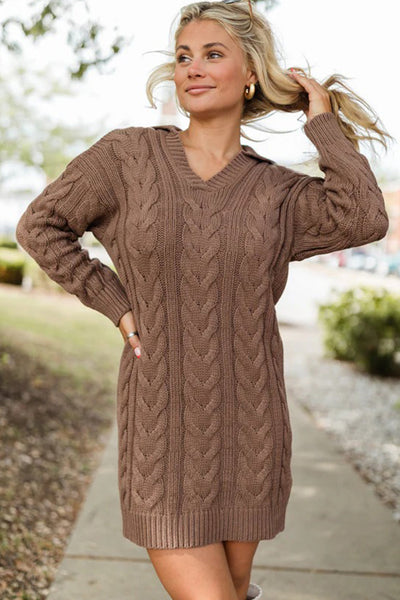 Women's Cozy Dark Khaki Ribbed V-Neck Mini Sweater Dress - Effortless Fall Fashion with a Stylish, Comfortable Fit