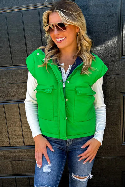 Women's Cozy Green Color Block Zip-Up Winter Vest with Snap Buttons - Stylish Layering Essential for Cold Weather