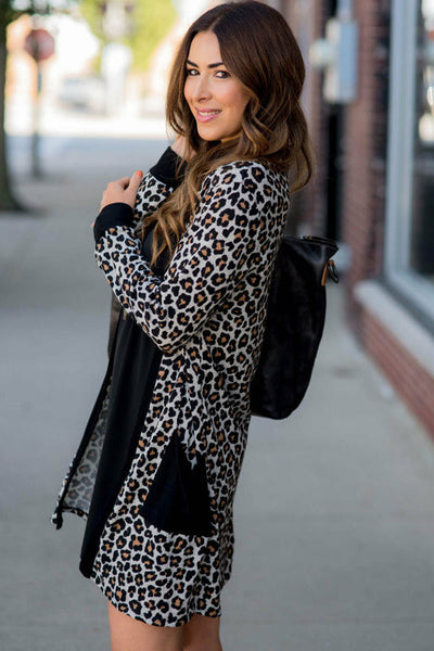 Cozy Women's Black Leopard Print Cardigan with Pockets - Chic Open Front Layering Piece for Effortless Style