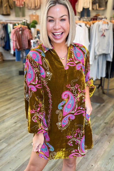 Women's Khaki Boho Velvet Mini Dress with V-Neck and Long Sleeves, Featuring Paisley Floral Print for Effortless Chic