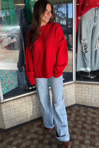 Women's Cozy Racing Red Braided Accent Sweater - Relaxed Fit for Festive Holiday Style and Seasonal Comfort