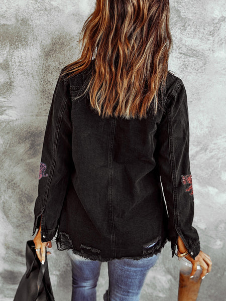 Women's Trendy Black Sequin Tiger Print Distressed Denim Jacket