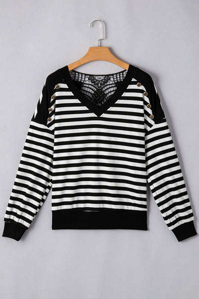 Women's Black and White Stripe Crochet V-Neck Top with Hollow-Out Back and Buttoned Shoulders for a Stylish Look