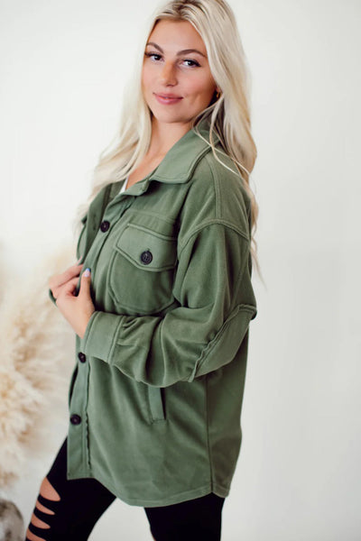 Women's Cozy Smoke Green Fleece Shacket with Exposed Seams & Button Down, Trendy Patchwork Design for Ultimate Comfort