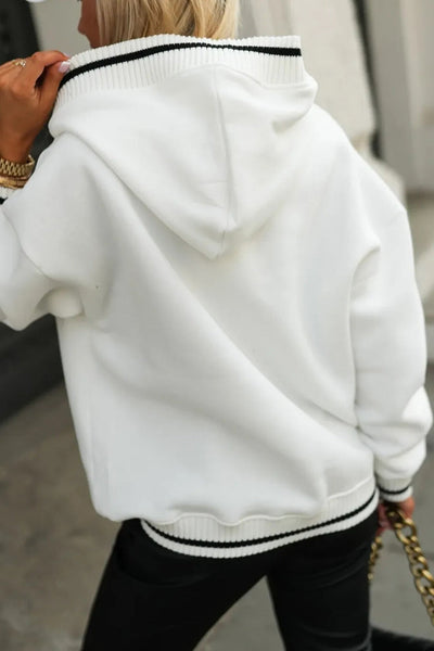 Trendy Women's White Hoodie with Varsity Stripes & Ribbed Detail - Stylish Casual Wear for Everyday Comfort