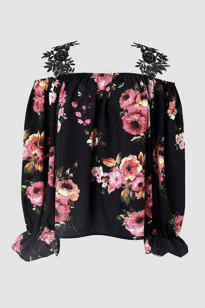 Casual Feather Print Off Shoulder Strap Blouse