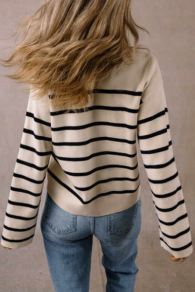 Stylish Women's Black Striped Cardigan Sweater with Flap Pockets and Button Closure for Effortless Layering