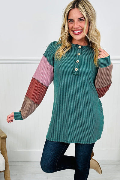 Women's Lapis Twisted Ribbed Color Block Long Sleeve Henley Top with Exposed Seams - Trendy Casual Style