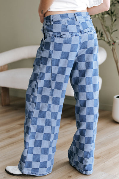 Dusk Blue Checkered Wide Leg Denim Jeans for Women - Stylish, Comfortable Fit for Casual and Chic Looks