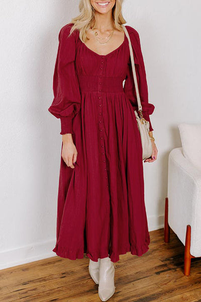 Effortless Women's Racing Red Flared Dress with Smocked High Waist, Button-Down Front, and Long Sleeves for Chic Style