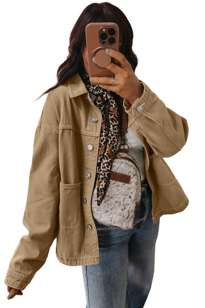 Chic Women's Parchment Boyfriend Denim Jacket with Patched Pockets and Button Front for Effortless Casual Style