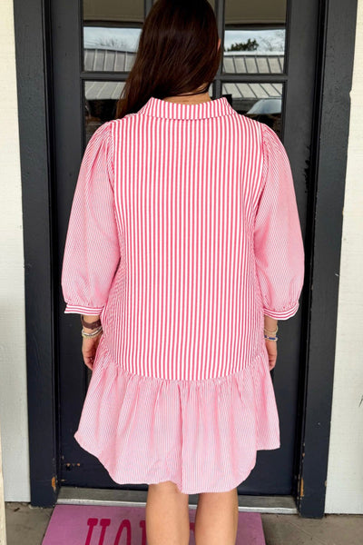 Plus Size Casual Chic Pink Stripe Long Sleeve Mini Shirt Dress with Ruffled Hem for Trendy Women