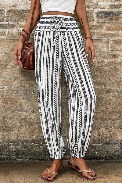 Women's Black Striped Boho Joggers with Drawstring Waist  Casual Comfort Pants for Effortless Style