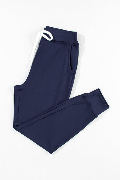Women's Comfortable Navy Blue Drawstring Joggers with Elastic Waist and Pockets for Casual Everyday Style