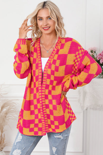 Cozy Women's Multicolor Checkered Knit Cardigan - Stylish Open Front Layer for Every Occasion and Effortless Chic