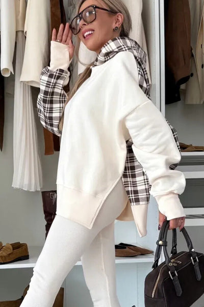 Trendy Women's Beige Plaid Patchwork Sweatshirt with Side Slit - Cozy Casual Fall Fashion Essential