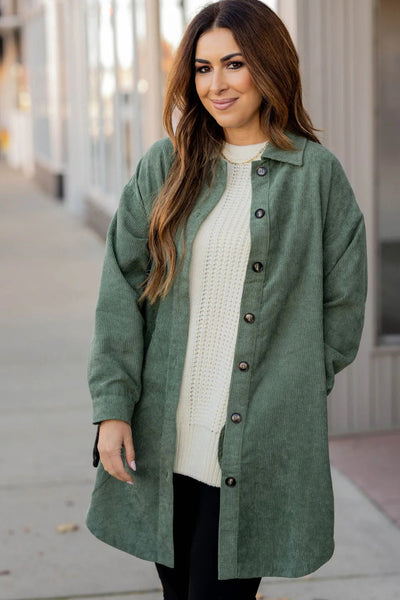 Stylish Women's Oversized Mist Green Corduroy Shacket with Side Slits Comfortable Layering Essential for Every Season