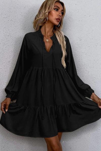 Chic Women's Black Tie Puff Sleeve Dress with Ruffle Hem & Smocked Detail for Effortless Elegance and Comfort