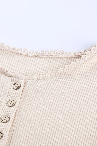 Chic Women's Beige Crochet Lace Hem Short Sleeve Button-Up Top for Effortless Casual Style