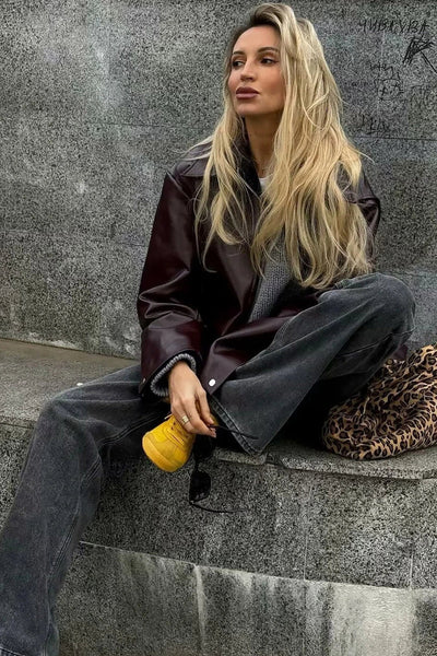 Women's Retro Zip-Up Leatherette Jacket with Elastic Hem in Wild Ginger - Stylish, Comfortable, and Versatile Outerwear