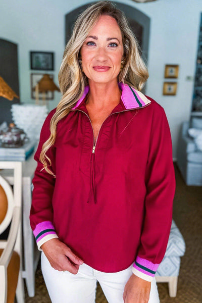 Chic Women's Racing Red Striped Long Sleeve Blouse with Tie Detail & Zip Neck - Trendy Casual Patchwork Top