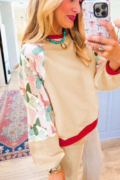 Chic Beige Women's Colorblock Bowknot Raglan Sleeve Top with Stylish Printed Patchwork for Casual Outfits