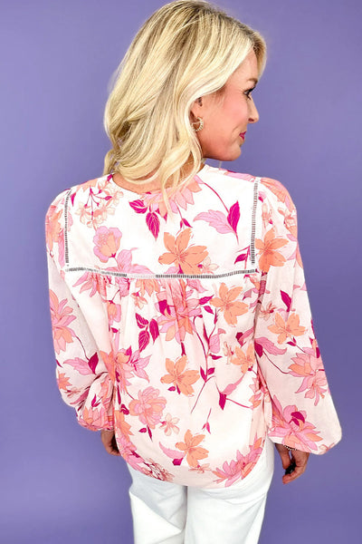 Women's Elegant Pink Floral Lace Trim Tie V-Neck Blouse - Stylish Long Sleeve Casual Top for Spring & Summer Fashion