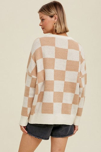 Cozy Women's Checkered Knit Sweater in Parchment - Stylish Ribbed Trim & Baggy Fit for Effortless Fall Fashion