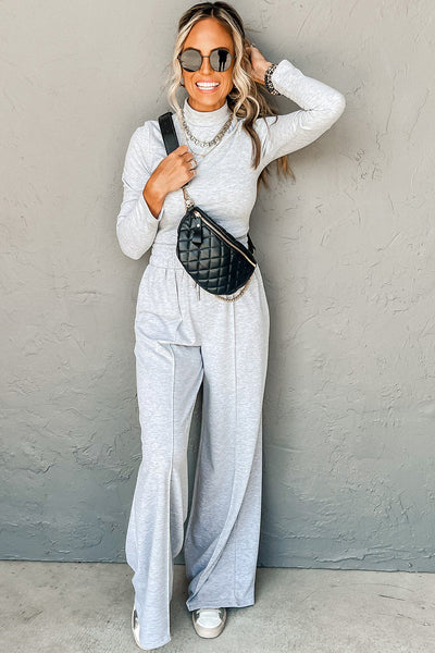 Women's Light Grey Long Sleeve High Neck Top & Smocked Waist Pants Set - Chic Slim Fit Outfit for Effortless Style