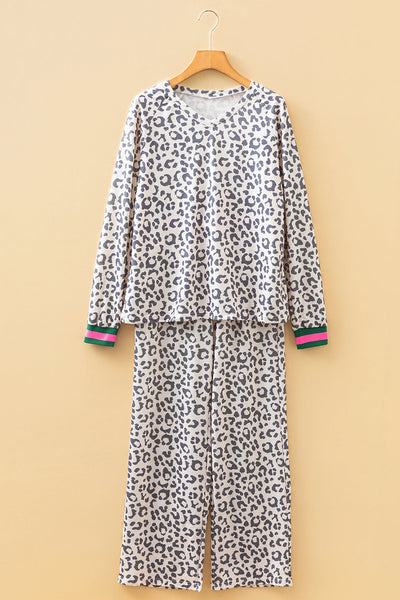Women's Gray Leopard Print V-Neck Lounge Set with Striped Trim