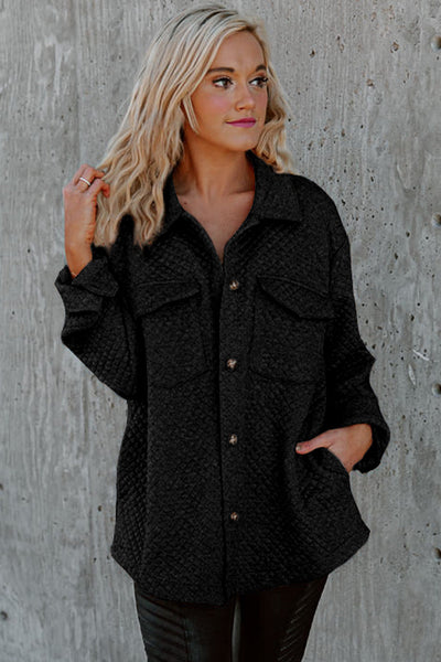 Women's Black Retro Quilted Shacket with Flap Pockets - Chic Button-Up Overshirt for Effortless Casual Style