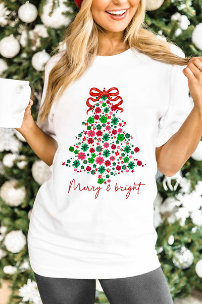 Women's Floral Christmas Tree Graphic Tee in Soft Cotton Blend