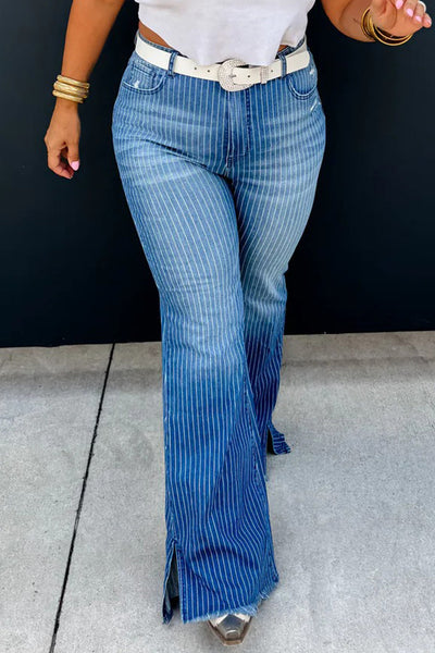 Trendy Women's Sky Blue Striped High-Waisted Flared Jeans with Raw Hem & Split Leg Design for a Chic Look