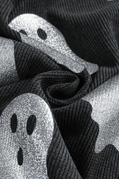 Cozy Women's Black Ghost Print Sweatshirt - Loose Fit for Spooky Halloween Style, Perfect for Fall Comfort