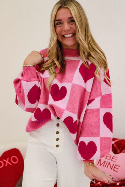 Cozy Women's Pink Heart Checkered Sweater - Cute Crew Neck for Valentine‚Äôs Day and Romantic Outings