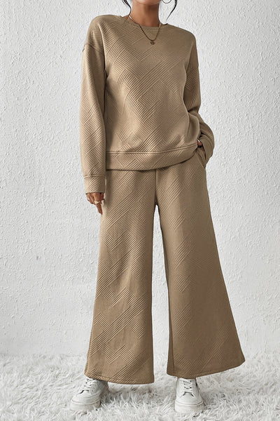 Pale Khaki Women's 2-Piece Slouchy Outfit - Ultra Loose Textured Set for Effortless Casual Chic
