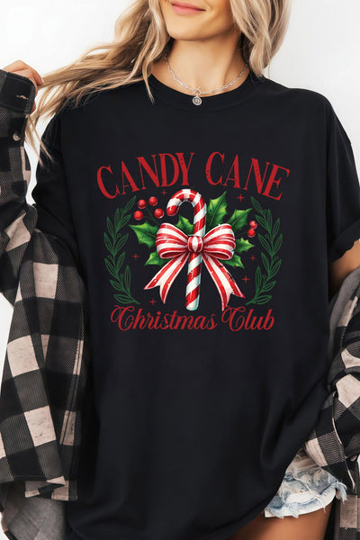 Women's Candy Cane Christmas Club Graphic Tee in Premium Black Jersey made for easy styling and wardrobe coordination, with premium-like structure and