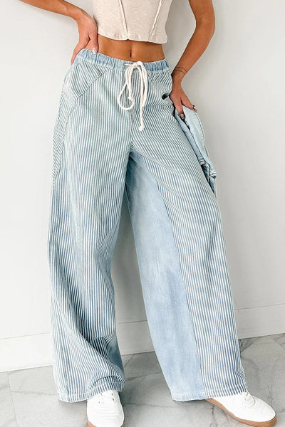 Stylish Women's Sky Blue Wide Leg Patchwork Jeans with Contrast Stripes and Adjustable Drawstring for a Perfect Fit