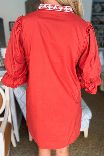 Chic Women's Fiery Red Mini Dress with Flounced Half Sleeves, Embroidery Detail, and Trendy Split Neck Design
