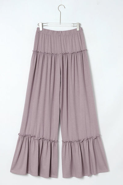 Women's Mauve Tiered Frill Wide-Leg Pants with Drawstring