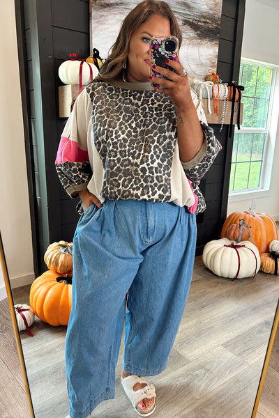 Stylish Women's Brown Leopard Print Color Block Top with 3/4 Sleeves - Trendy Loose Fit Casual Shirt for Everyday Wear made for easy styling and