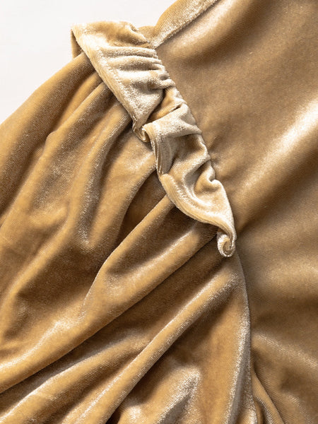 Romantic French Beige Ruffled Puff Sleeve Mock Neck Velvet Blouse
