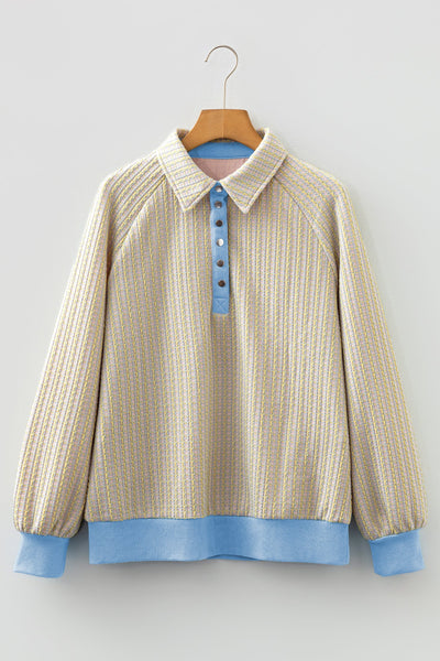 Women's Beau Blue Jacquard Henley Sweatshirt with Button Placket