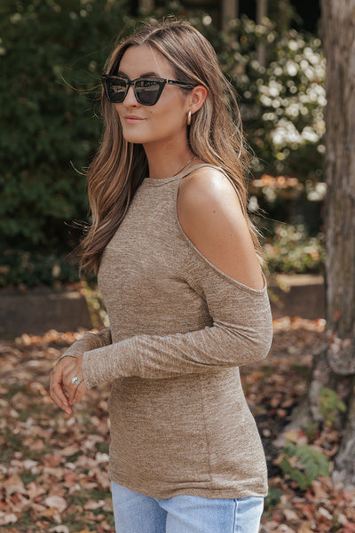 Women's Heather Gray Distressed Cold-Shoulder Cotton Blend Sweatshirt