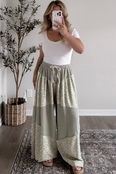 women's sage green floral patchwork wide-leg pants with raw edges made for easy styling and wardrobe coordination, with premium-like structure and