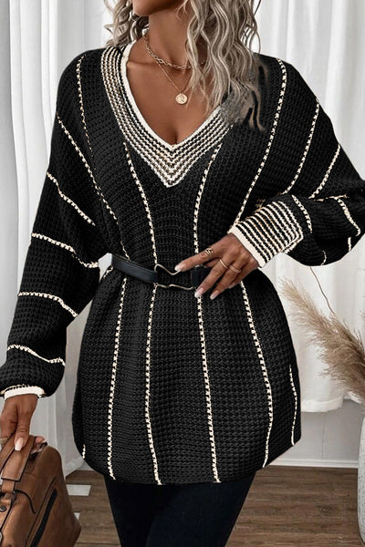 Cozy Black Colorblock Striped V-Neck Sweater for Women - Effortless Loose Fit Perfect for Fall and Winter Fashion