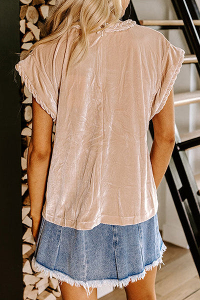 Women's Parchment Velvet Blouse with Braided Trim - Chic Short Sleeve Round Neck Top for Effortless Style and Comfort